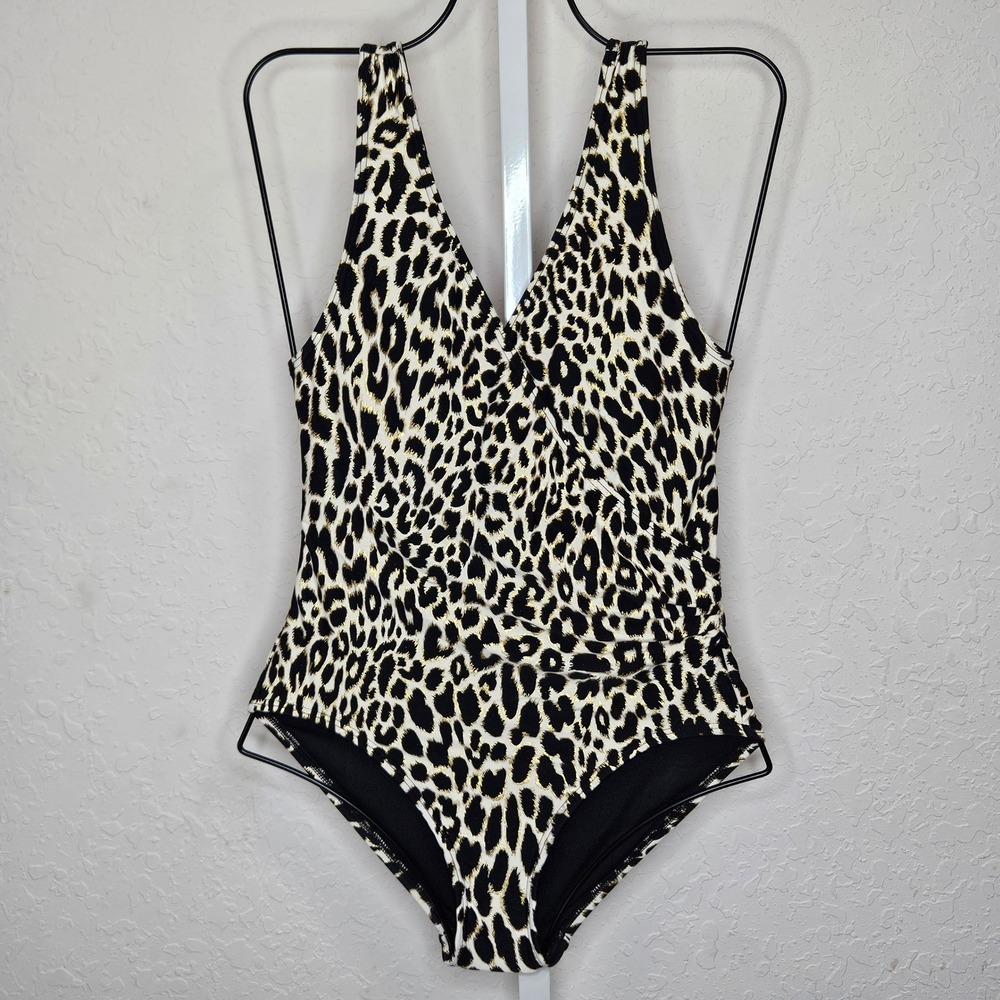 Carmen Marc Valvo Womens Leopard Gold Foil Metallic One Piece Swimsuit Size 8